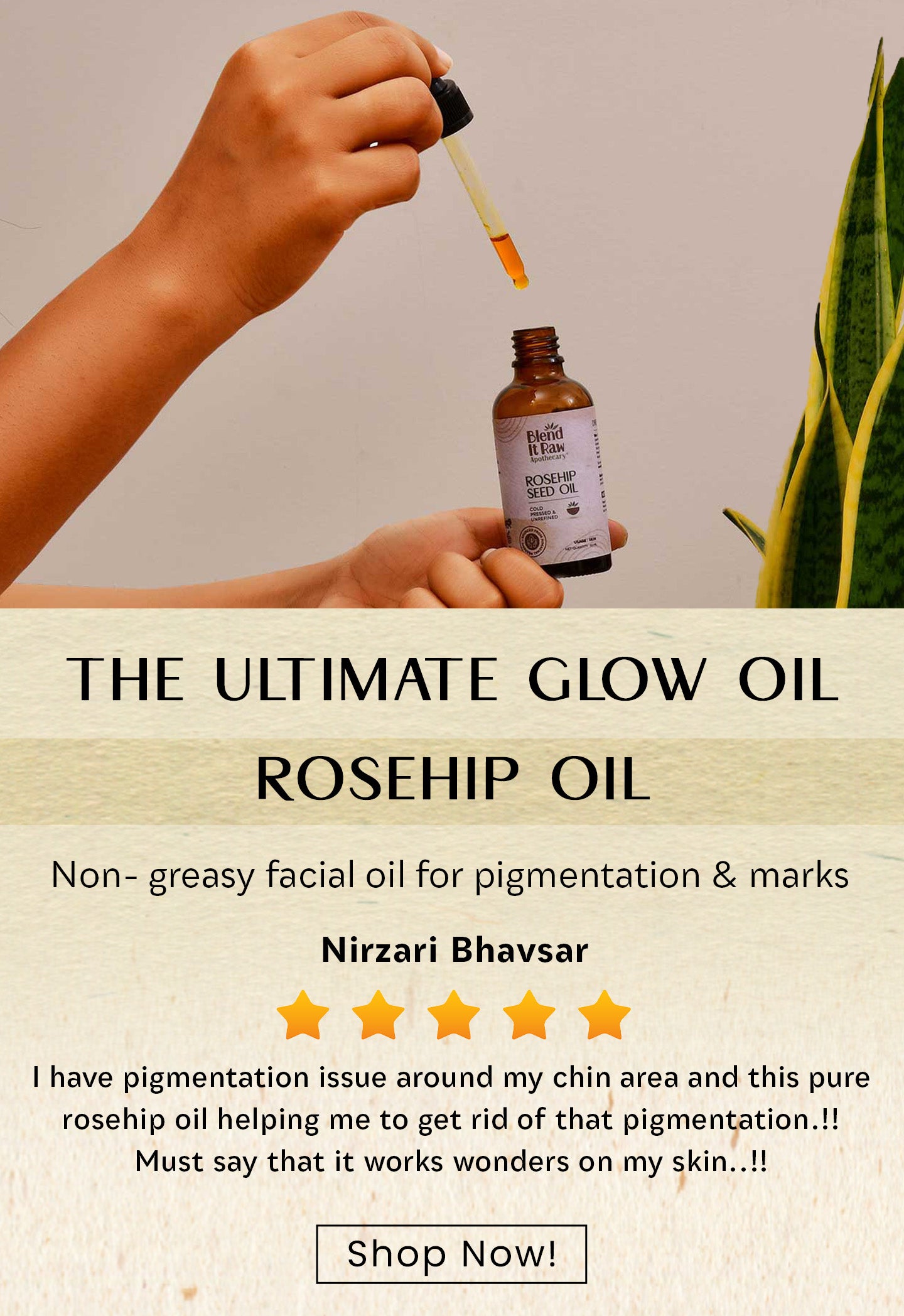 Website banner for rosehip oil from Blend It Raw mobile version