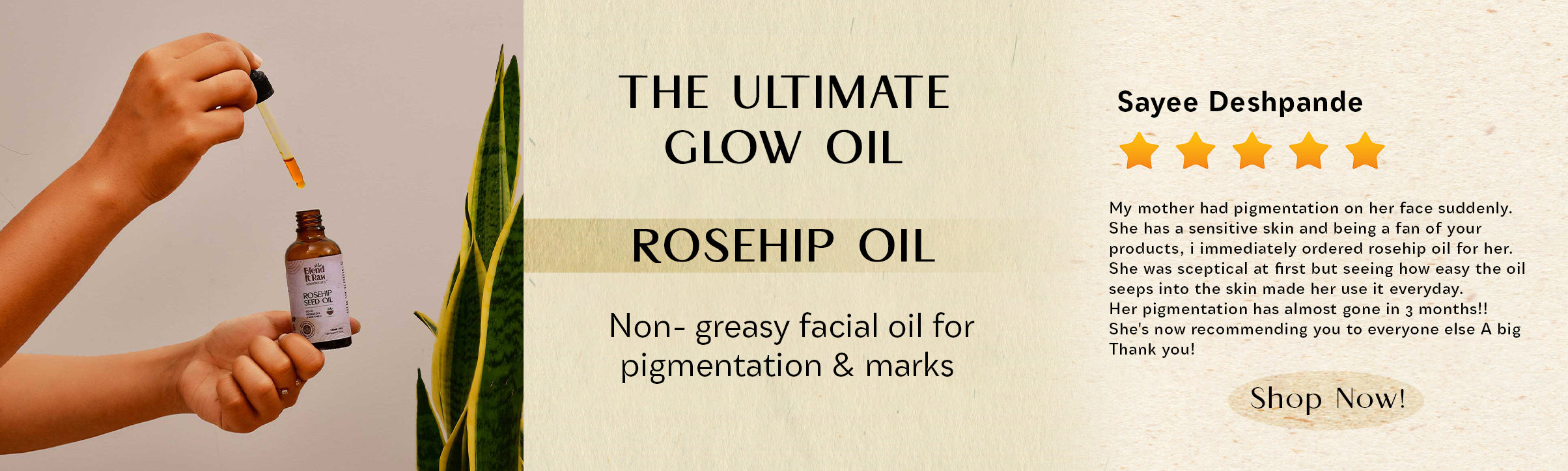 Website banner for rosehip oil from Blend It Raw
